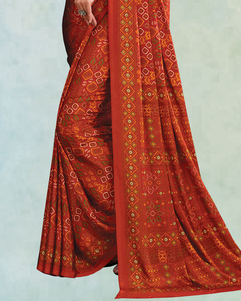 Brick Red And Flame Orange Digital Print Premium Crepe Saree