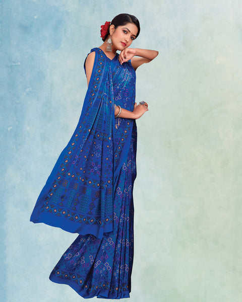 Electric Blue Digital Print Premium Crepe Saree
