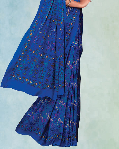 Electric Blue Digital Print Premium Crepe Saree