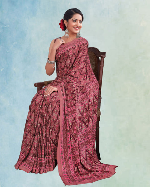 Dusty Red And Purple Brown Digital Print Premium Crepe Saree