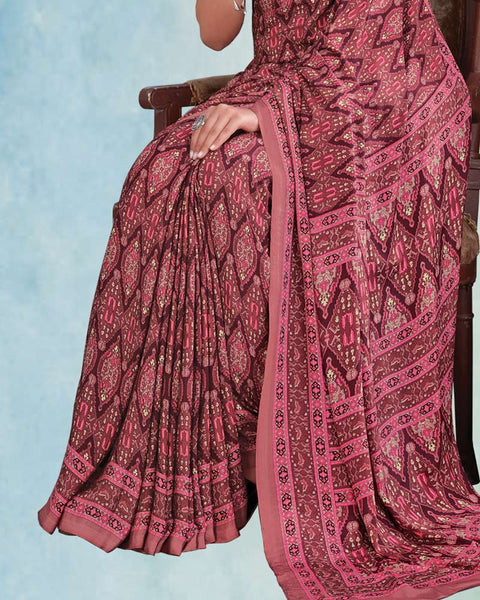 Dusty Red And Purple Brown Digital Print Premium Crepe Saree