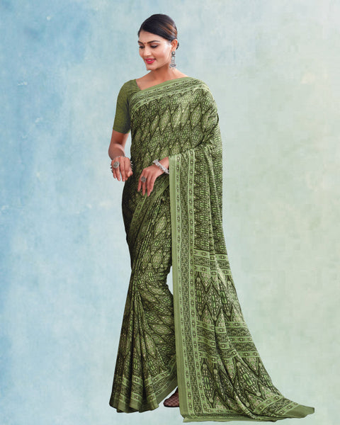 Olive Green Digital Print Premium Crepe Saree