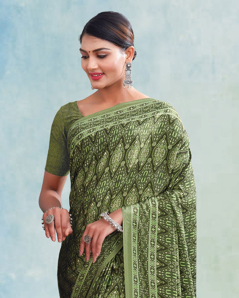 Olive Green Digital Print Premium Crepe Saree