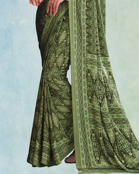 Olive Green Digital Print Premium Crepe Saree