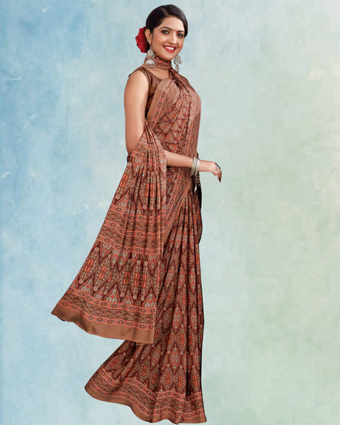 Mocha Brown And Salmon Orange Digital Print Premium Crepe Saree
