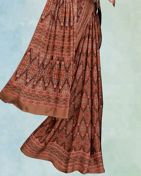 Mocha Brown And Salmon Orange Digital Print Premium Crepe Saree