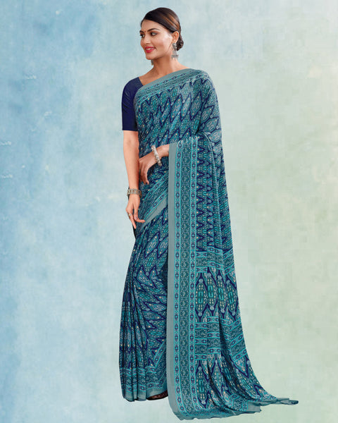 Greyish Blue And Nile Blue Digital Print Premium Crepe Saree