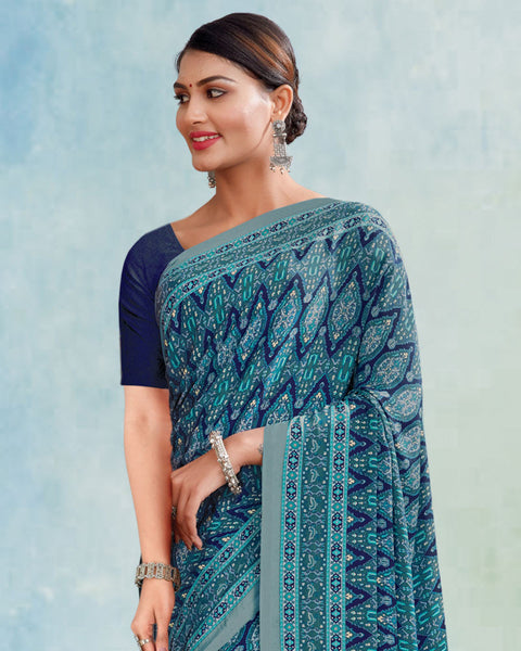 Greyish Blue And Nile Blue Digital Print Premium Crepe Saree