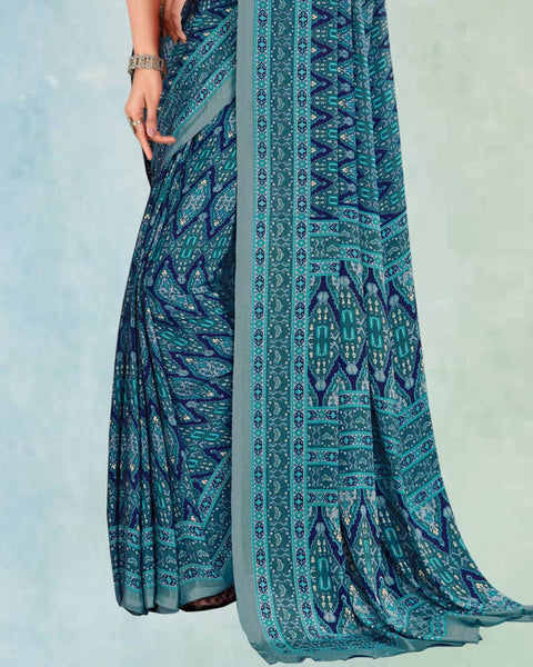 Greyish Blue And Nile Blue Digital Print Premium Crepe Saree