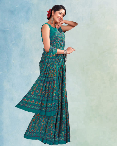 Dark Aqua Green Digital Print Premium Crepe Saree