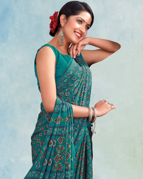 Dark Aqua Green Digital Print Premium Crepe Saree