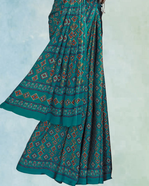 Dark Aqua Green Digital Print Premium Crepe Saree
