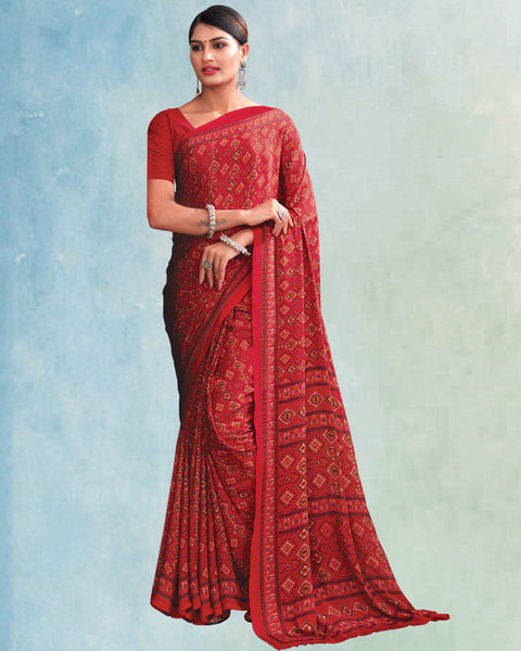 Cardinal Red Digital Print Premium Crepe Saree