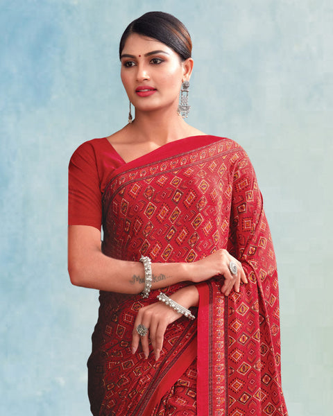 Cardinal Red Digital Print Premium Crepe Saree
