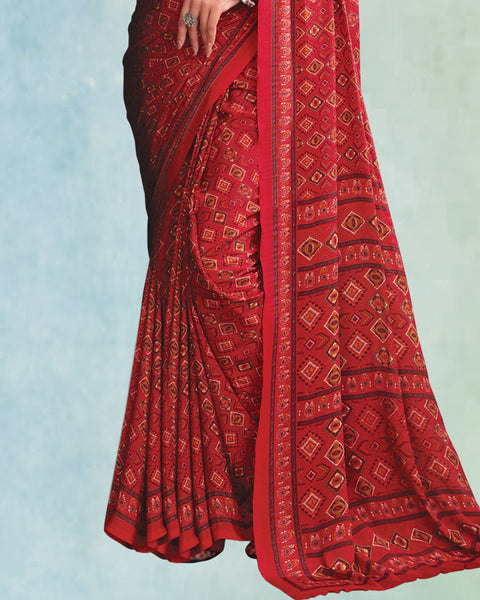 Cardinal Red Digital Print Premium Crepe Saree