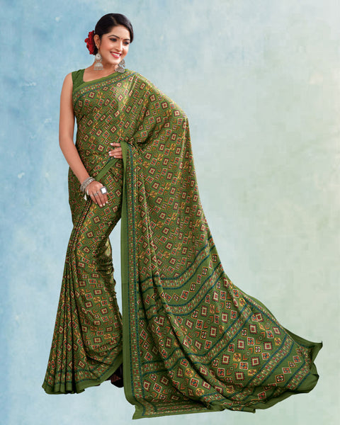 Khaki Green Digital Print Premium Crepe Saree