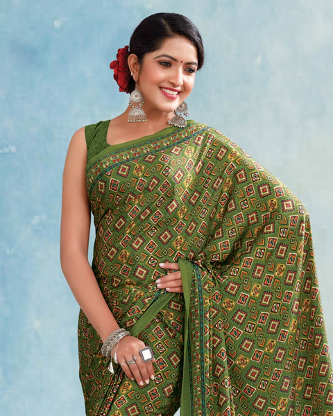 Khaki Green Digital Print Premium Crepe Saree