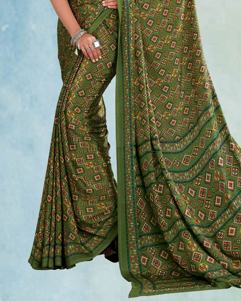 Khaki Green Digital Print Premium Crepe Saree