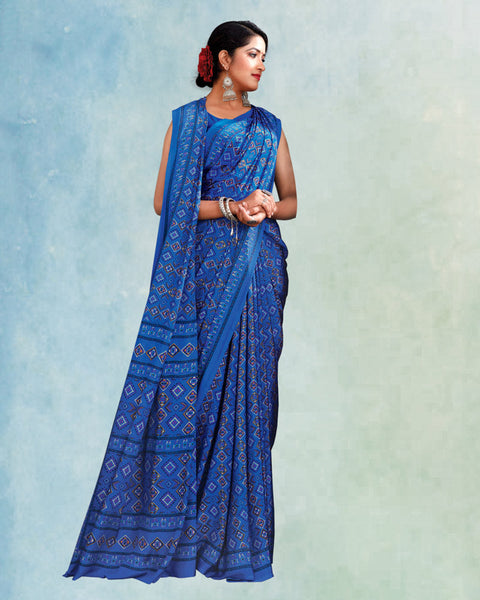 Cerulean Blue Digital Print Premium Crepe Saree