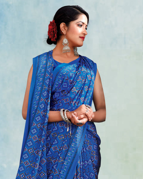 Cerulean Blue Digital Print Premium Crepe Saree