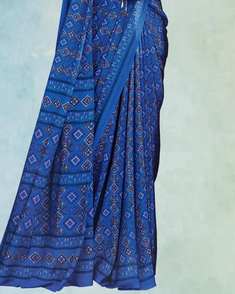 Cerulean Blue Digital Print Premium Crepe Saree