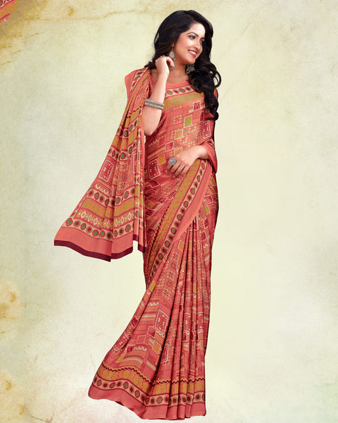 Pastel Red And Olive Green Digital Print Premium Crepe Saree