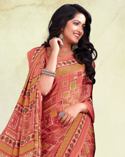 Pastel Red And Olive Green Digital Print Premium Crepe Saree