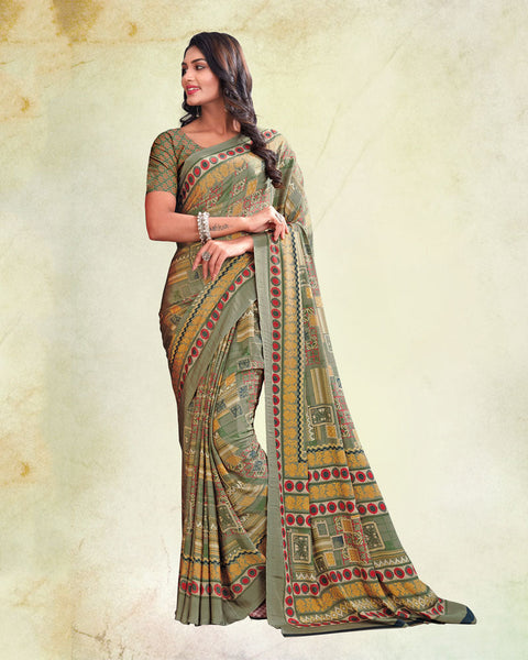 Sage Green And Carmine Pink Digital Print Premium Crepe Saree