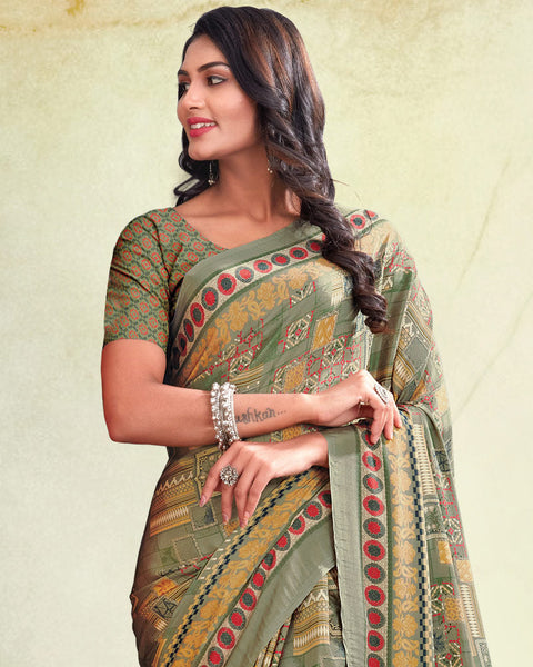 Sage Green And Carmine Pink Digital Print Premium Crepe Saree