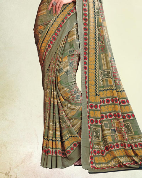 Sage Green And Carmine Pink Digital Print Premium Crepe Saree
