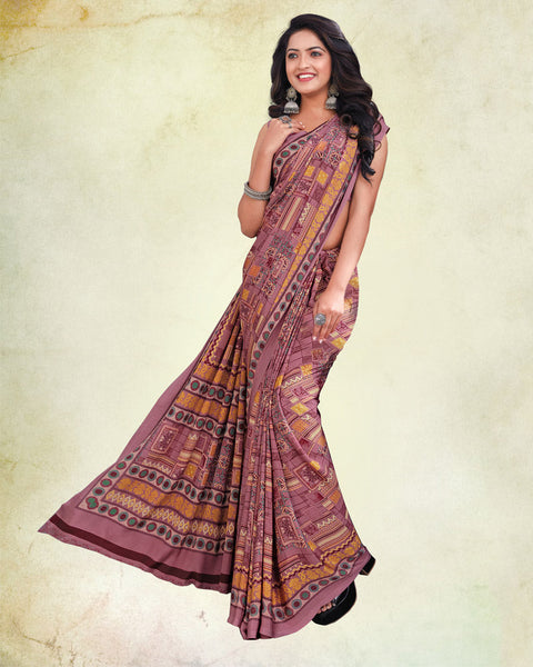 Dusty Pink And Pale Orange Digital Print Premium Crepe Saree