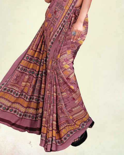 Dusty Pink And Pale Orange Digital Print Premium Crepe Saree