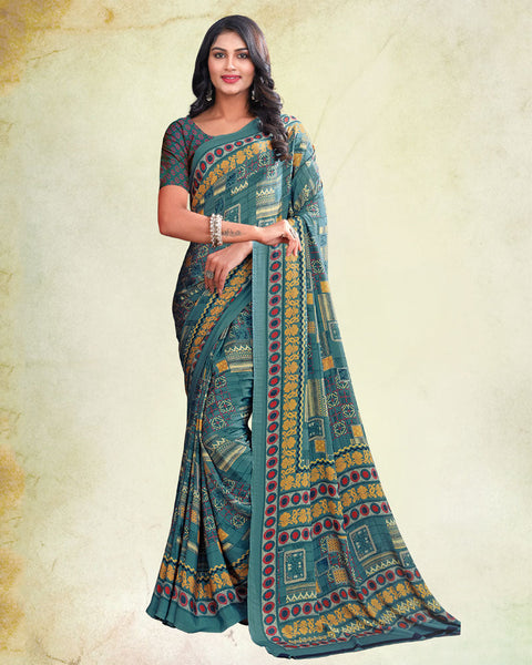 Metallic Blue And Pale Orange Digital Print Premium Crepe Saree
