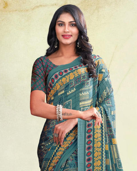 Metallic Blue And Pale Orange Digital Print Premium Crepe Saree