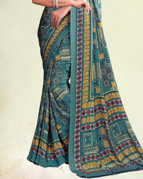 Metallic Blue And Pale Orange Digital Print Premium Crepe Saree