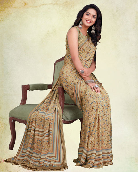 Dark Beige And Peanut Brown Digital Print Premium Crepe Saree