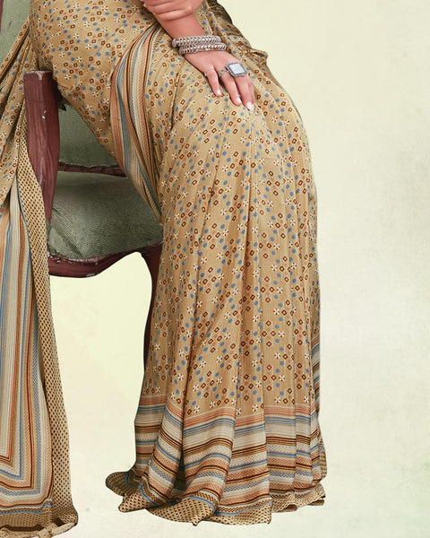 Dark Beige And Peanut Brown Digital Print Premium Crepe Saree