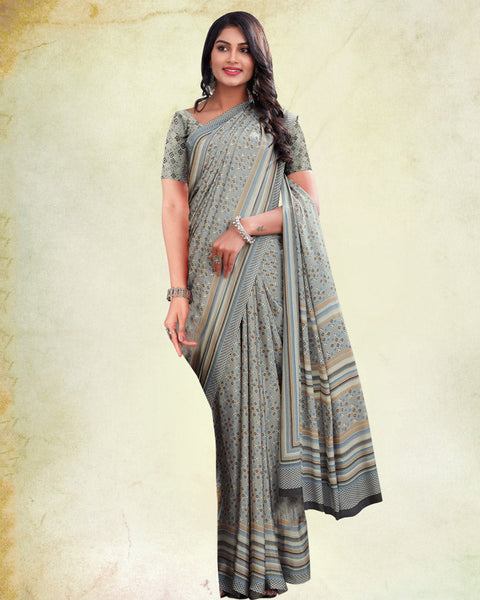 Silver Grey Digital Print Premium Crepe Saree