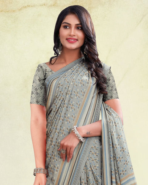 Silver Grey Digital Print Premium Crepe Saree