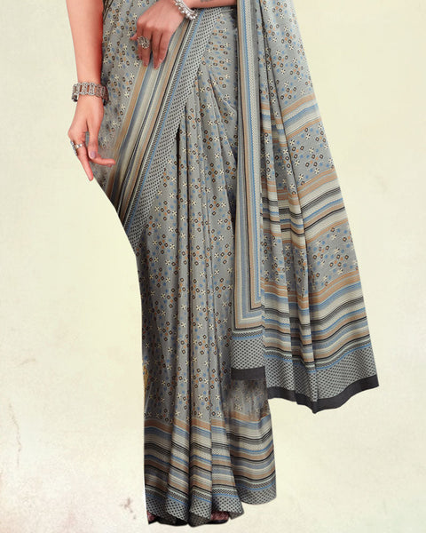 Silver Grey Digital Print Premium Crepe Saree