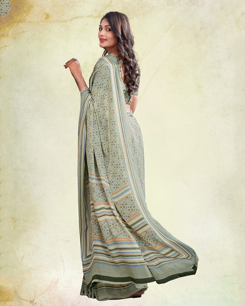 Cement Grey And Sage Green Digital Print Premium Crepe Saree