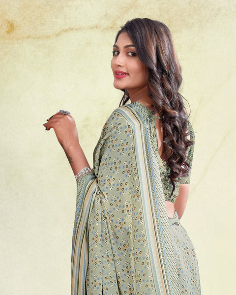 Cement Grey And Sage Green Digital Print Premium Crepe Saree