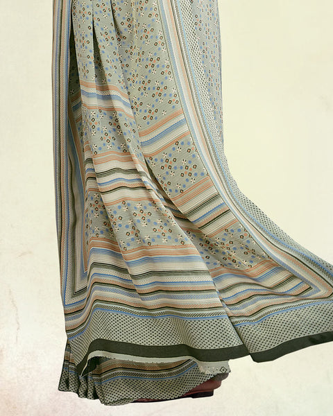 Cement Grey And Sage Green Digital Print Premium Crepe Saree