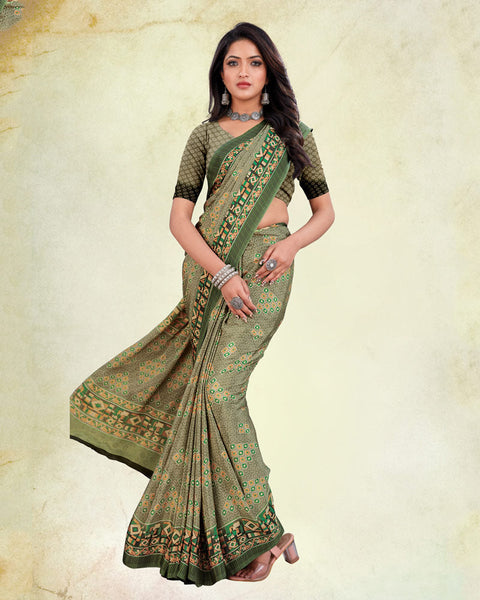 Dusty Brown And Sage Green Digital Print Premium Crepe Saree