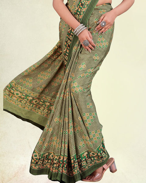 Dusty Brown And Sage Green Digital Print Premium Crepe Saree