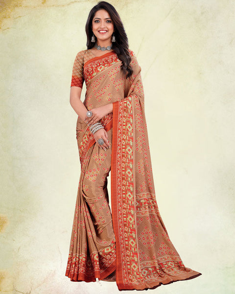 Salmon Orange And Dark Coral Digital Print Premium Crepe Saree