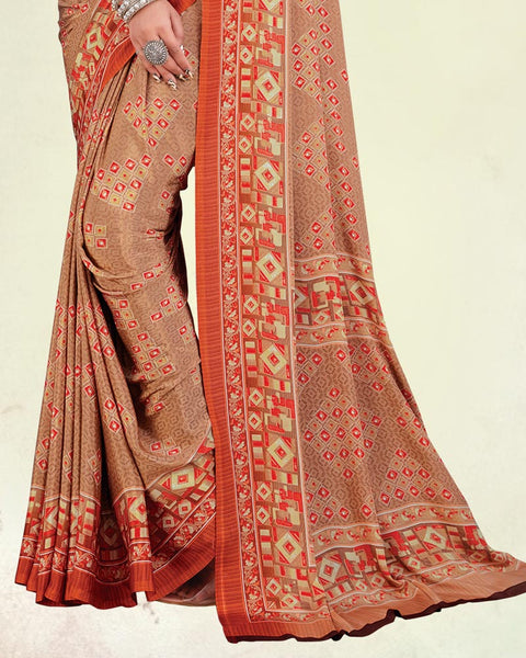 Salmon Orange And Dark Coral Digital Print Premium Crepe Saree