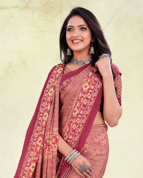 Dusty Pink And Rich Maroon Digital Print Premium Crepe Saree
