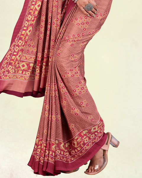 Dusty Pink And Rich Maroon Digital Print Premium Crepe Saree