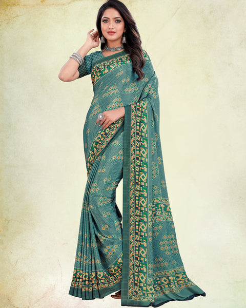 Dusty Teal Green And Dark Cyan Digital Print Premium Crepe Saree